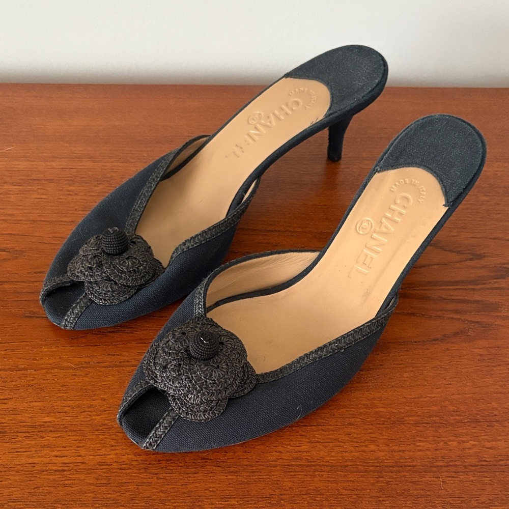 CHANEL Black Mules with Crochet Flower